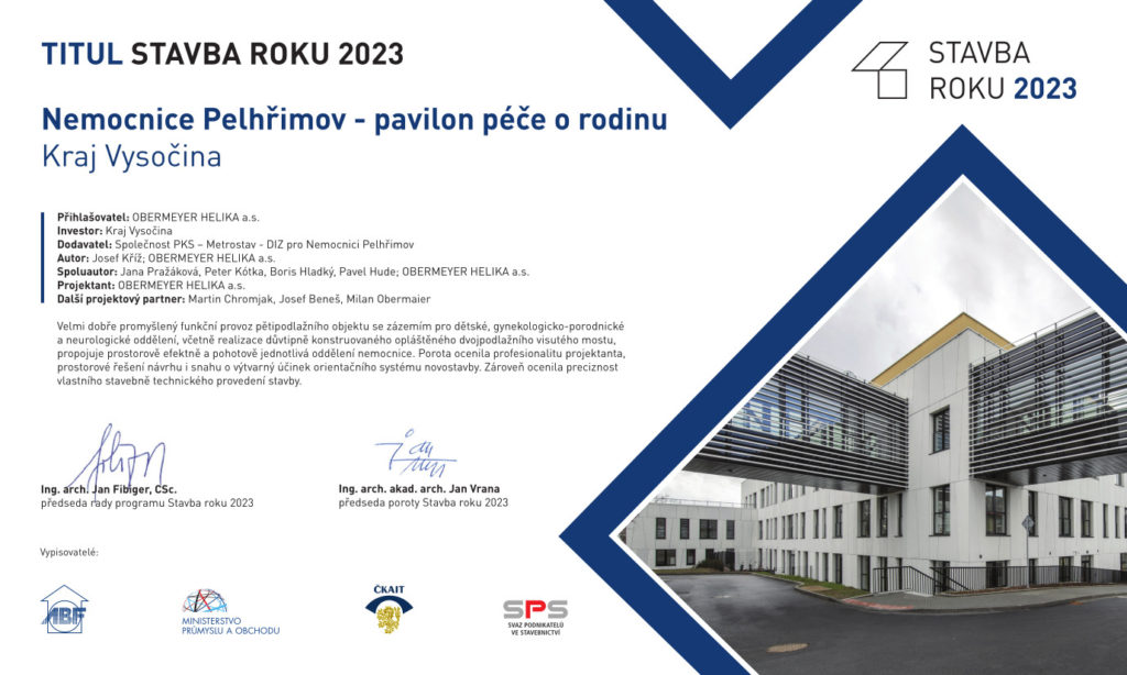 Titul stavba roku 2023 pavilon nemocnice Pelhřimov